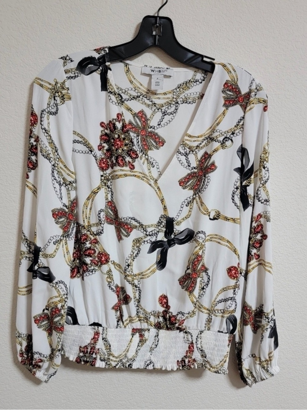 White House Black Market Chain Print Blouse - White, Black, Red, Gold